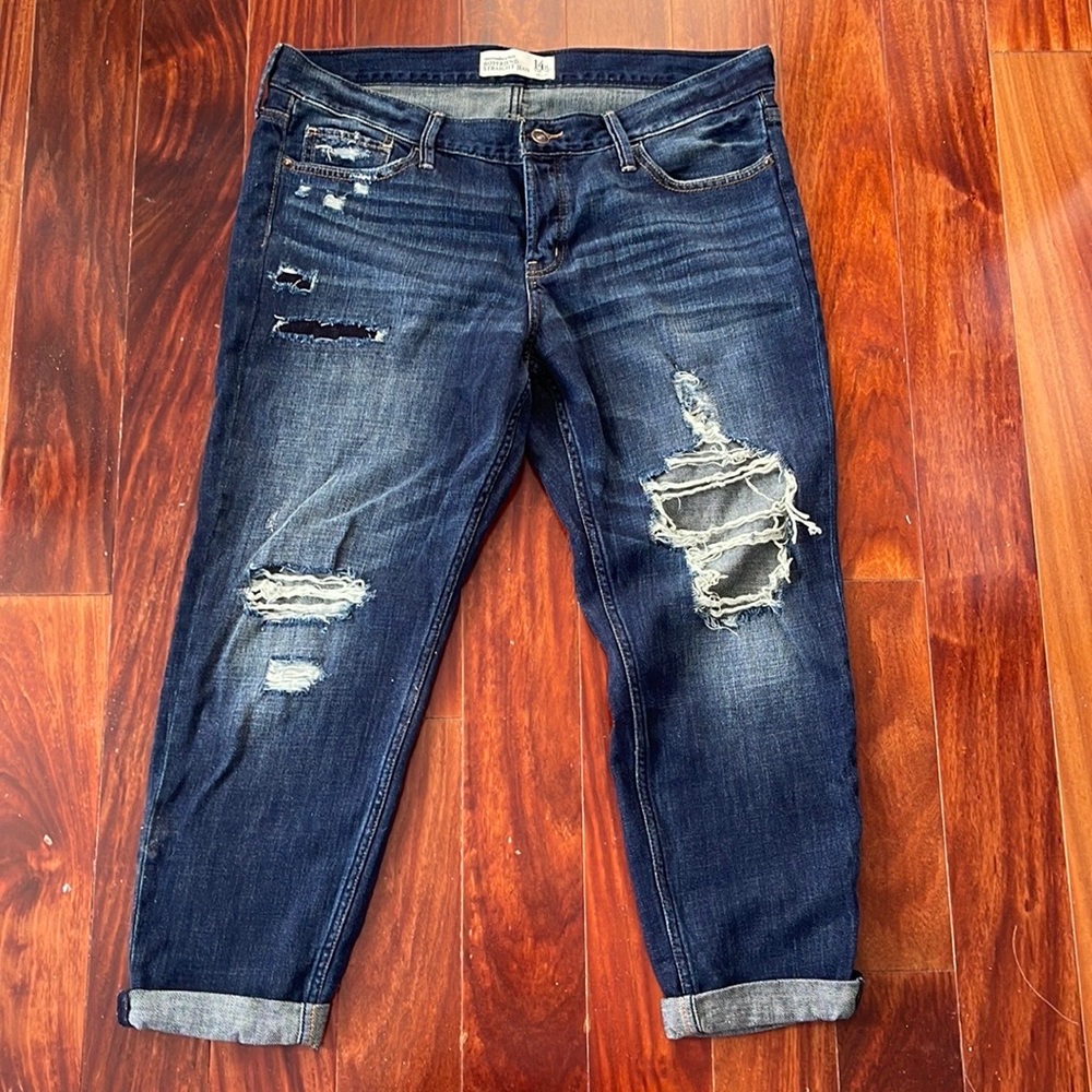 Abercrombie & Fitch Dark Wash Straight Boyfriend Distressed Jeans Size 14